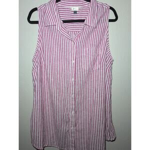 Linen/Cotton Pink White Striped Vacation Coastal Resort Sleeveless Blouse‎ 14W